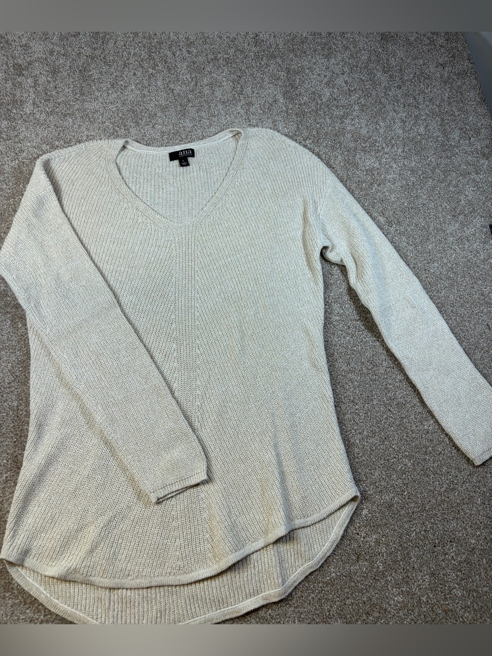 a.n.a Cream And Gold V-Neck High- Low Lightweight Knit Sweater